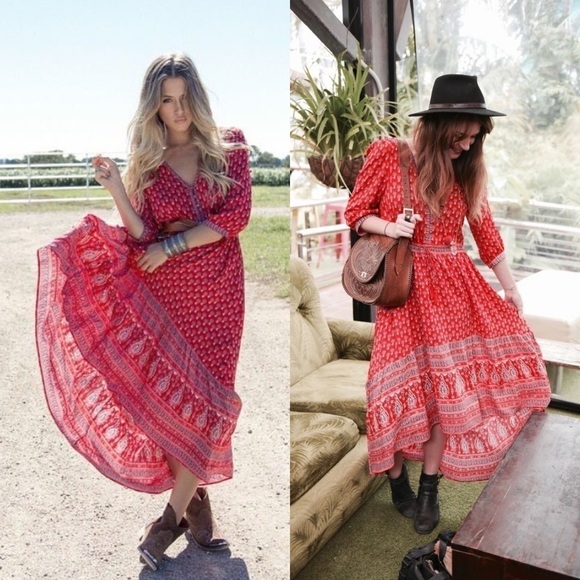 Spell Dress Gypsiana Hi-Low Maxi Tassels Floral Asymmetric Red Bandana S FLAW - Picture 11 of 15